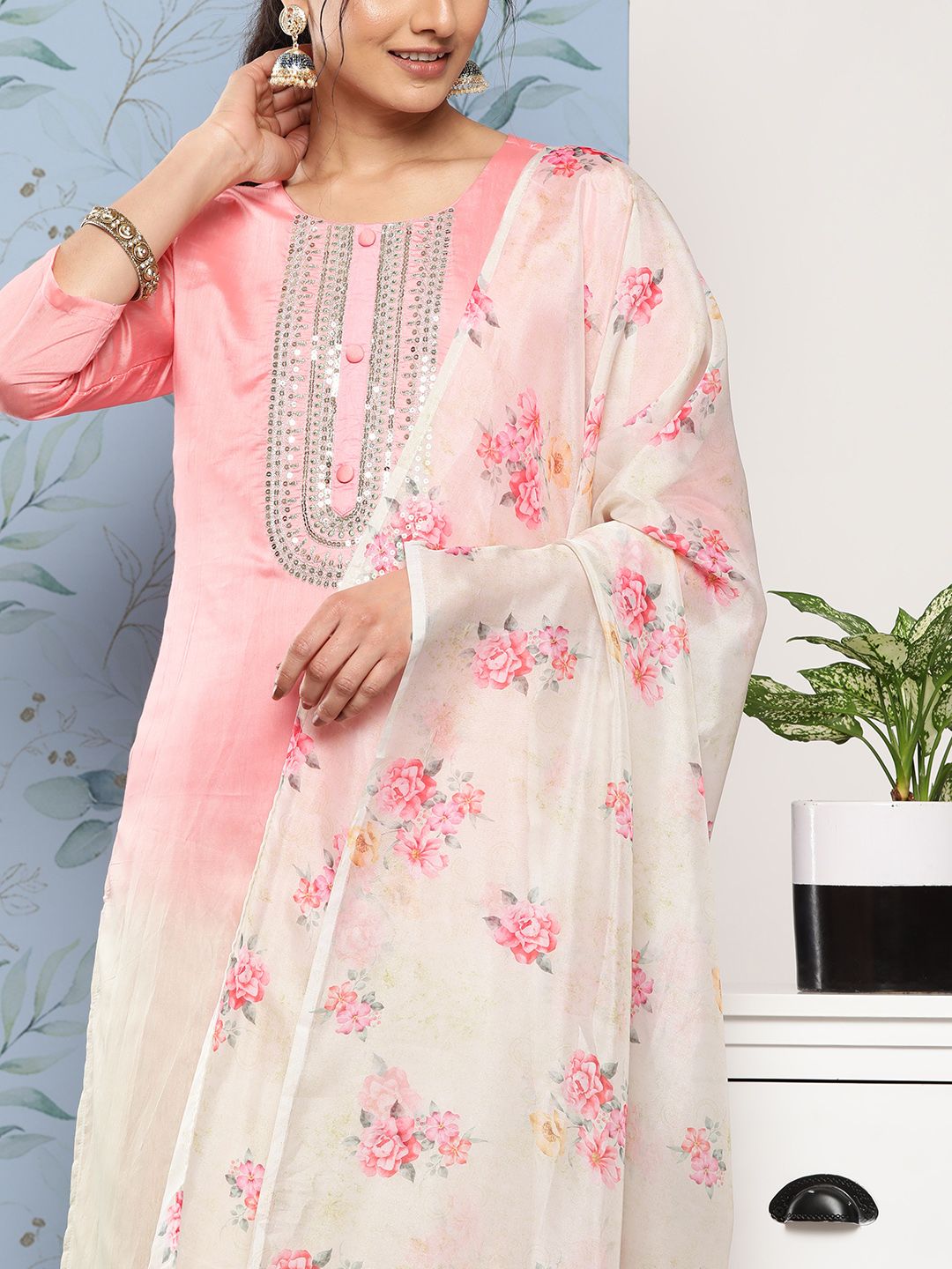 Indyancart VA Women's Pink Ombre Embroidered Sequinned Kurta with Trousers & With Dupatta