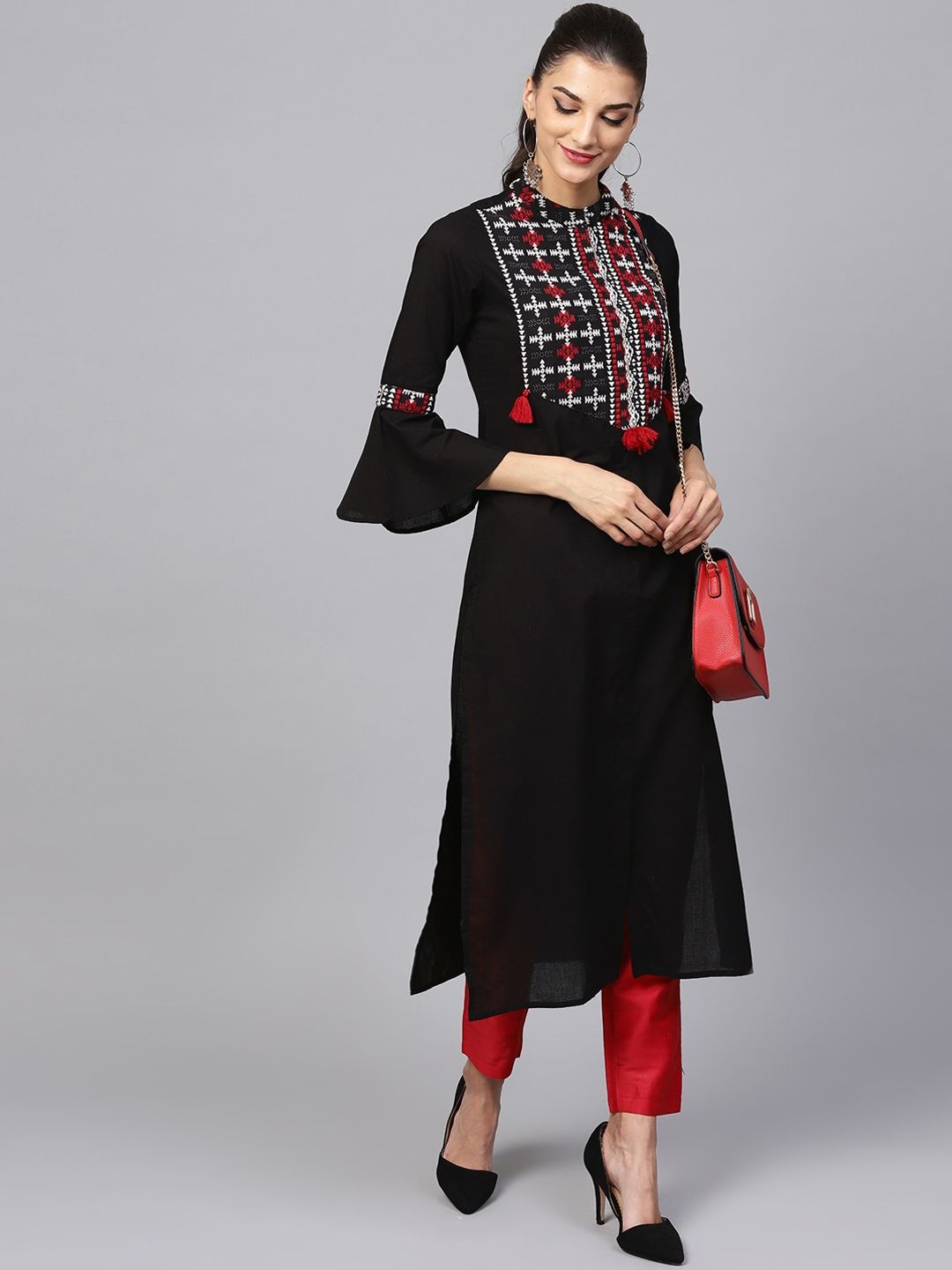 Dhiyona IE Women Black & Red Geometric Yoke Design Bell Sleeves Pure Cotton Kurta