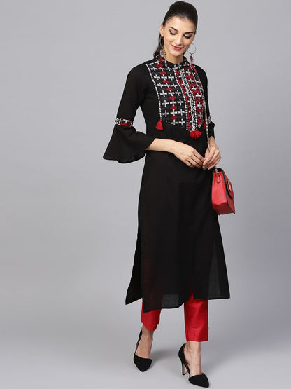 Dhiyona IE Women Black & Red Geometric Yoke Design Bell Sleeves Pure Cotton Kurta