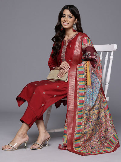Indyancart VA Women'sEthnic Motifs Zari Embroidered Mirror Work Kurta With Trousers & Dupatta