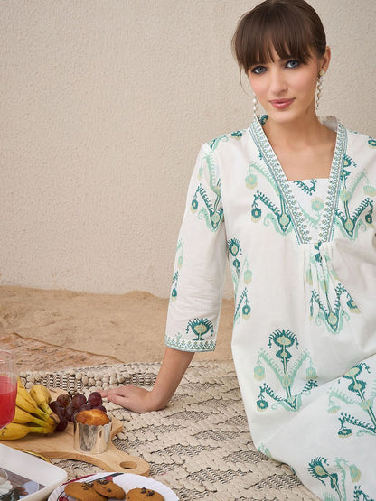 Indyancart IE Floral Printed Pure Cotton V Neck A-Line Tunic And Palazzos