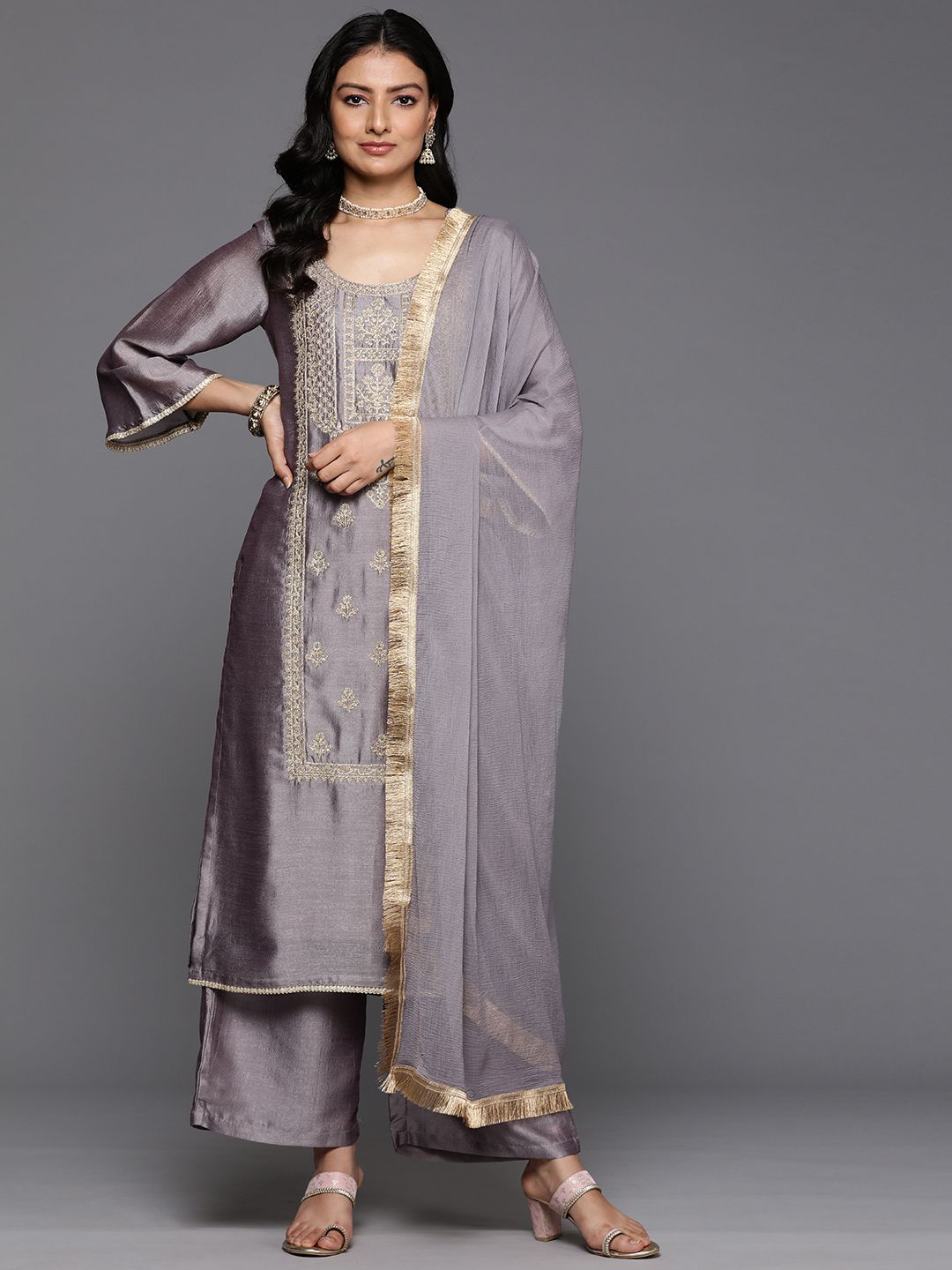 Indyancart VA Ethnic Motifs Embroidered Zari Kurta With Palazzos & Dupatta