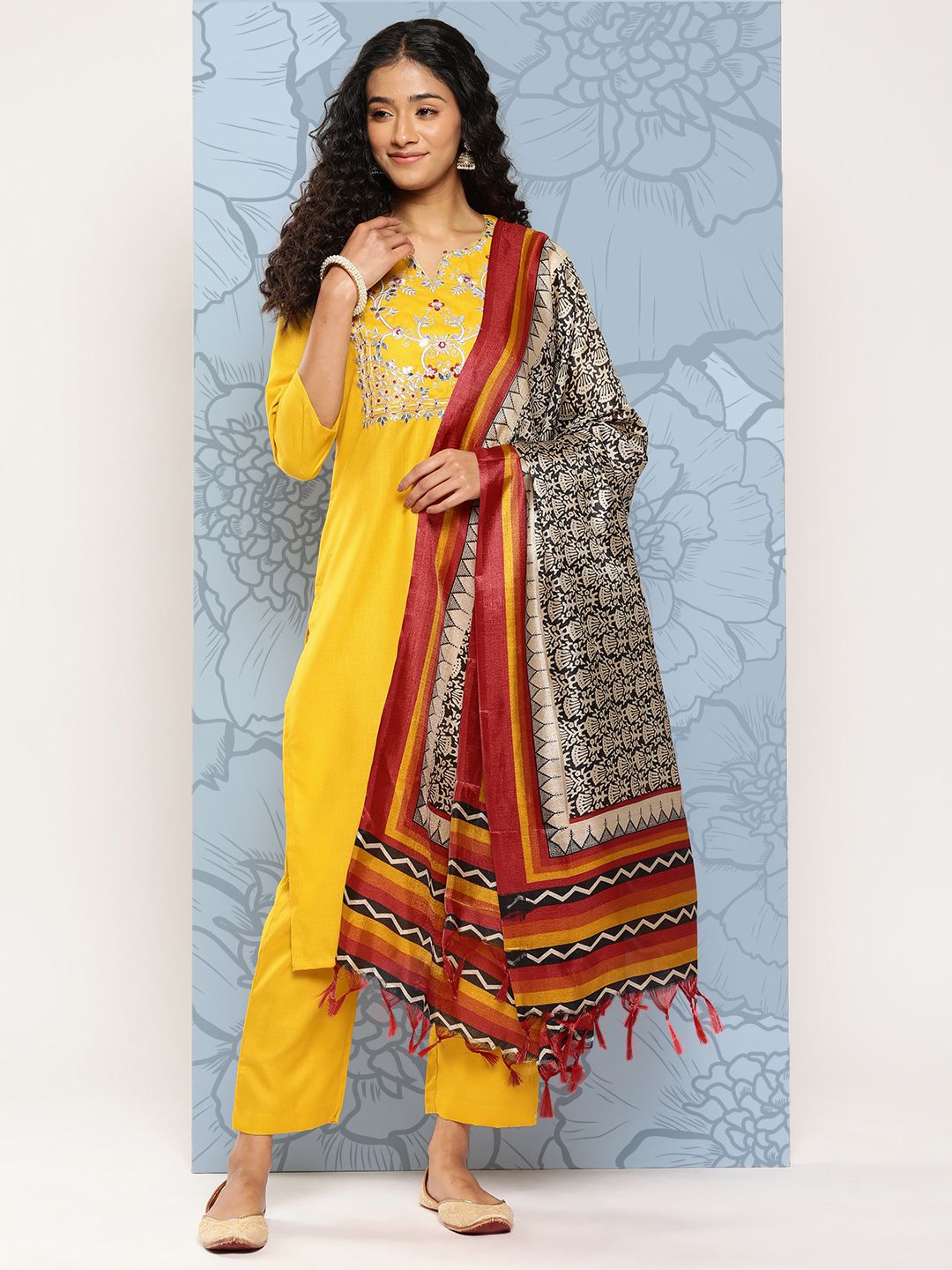 Indyancart VA Women's Floral Embroidered Regular Gotta Patti Kurta with Trousers & With Dupatta