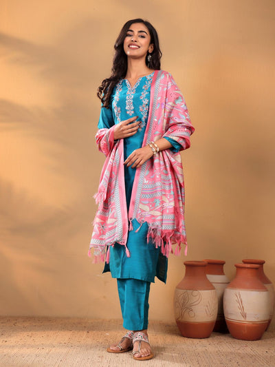 Indyancart VA Women'sTurquoise Blue Floral Yoke Design Thread Work Kurta With Trouser & Dupatta