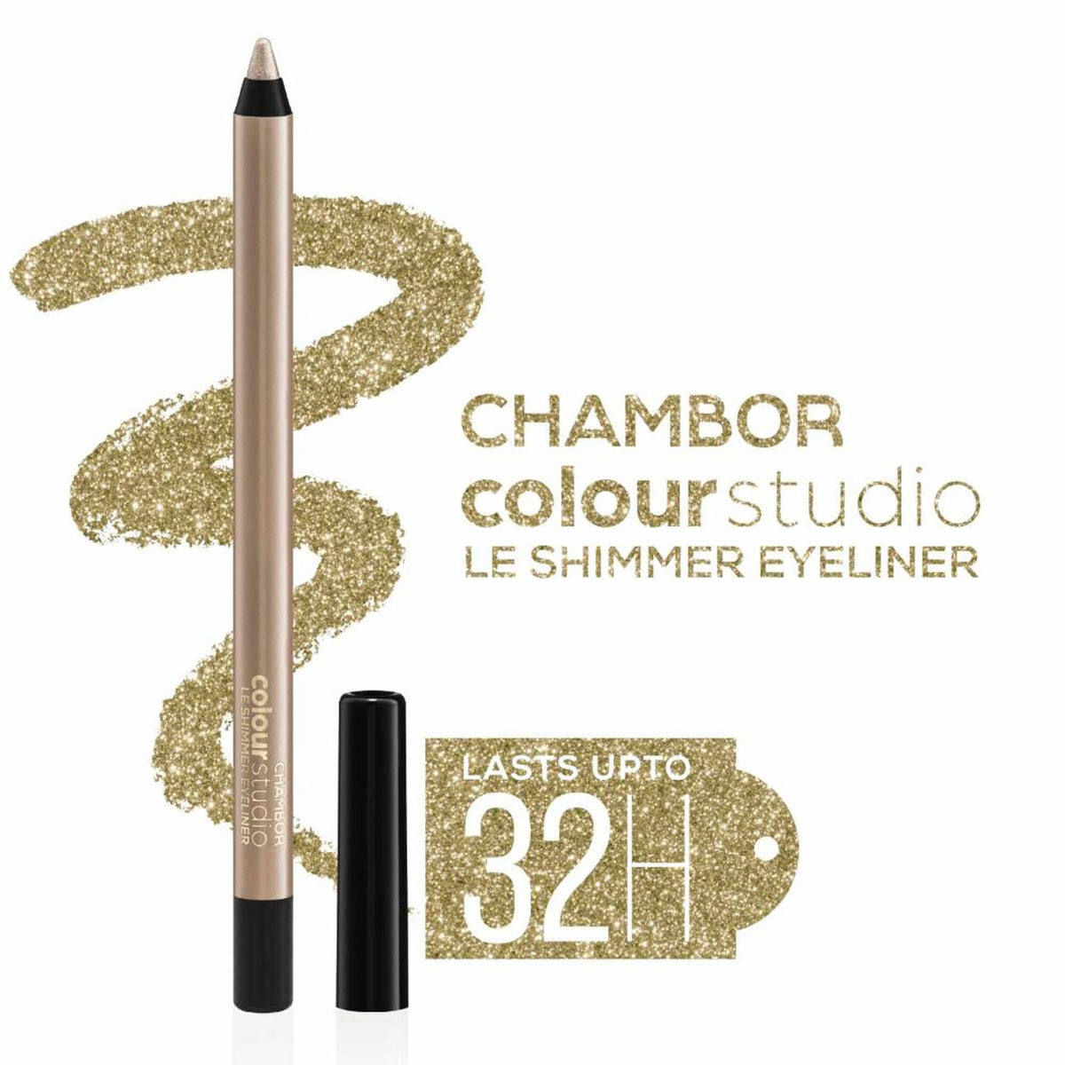 Chambor Colour Studio Le Shimmer Eyeliner in Moonstone Shimmer, showcasing the sleek black pencil with shimmering finish