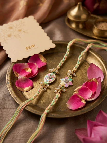 Anouk Set Of 2 Meenakari Floral Thread Rakhi With Roli Chawal Chandan Mishri