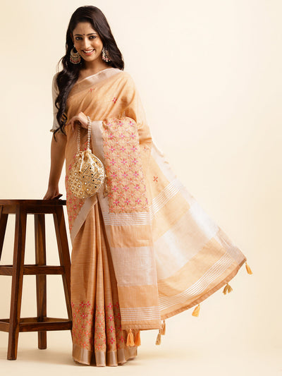 Indyancart GR Women's CT Peach Orange Cotton Linen Silk Embroidered Saree