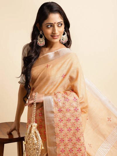 Indyancart GR Women's CT Peach Orange Cotton Linen Silk Embroidered Saree