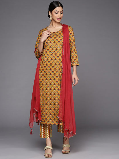 Indyancart VA Women's Mustard Yellow Ethnic Motifs Printed Pure Cotton Kurta with Trousers & With Dupatta