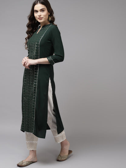 Women Green Ethnic Motifs Embroidered Regular Kurta with Palazzos & With Dupatta