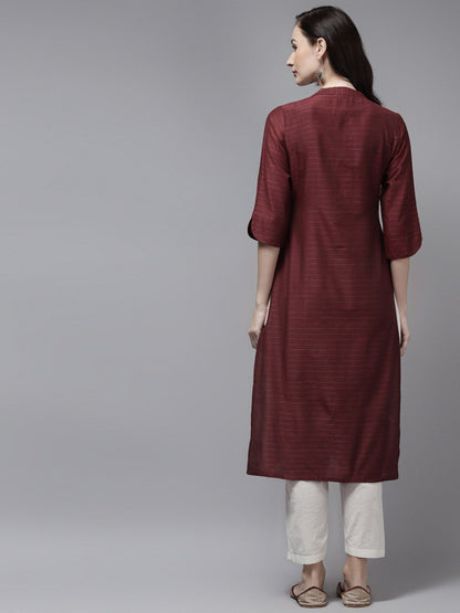 Indyancart IE Women Maroon Striped Straight Kurta