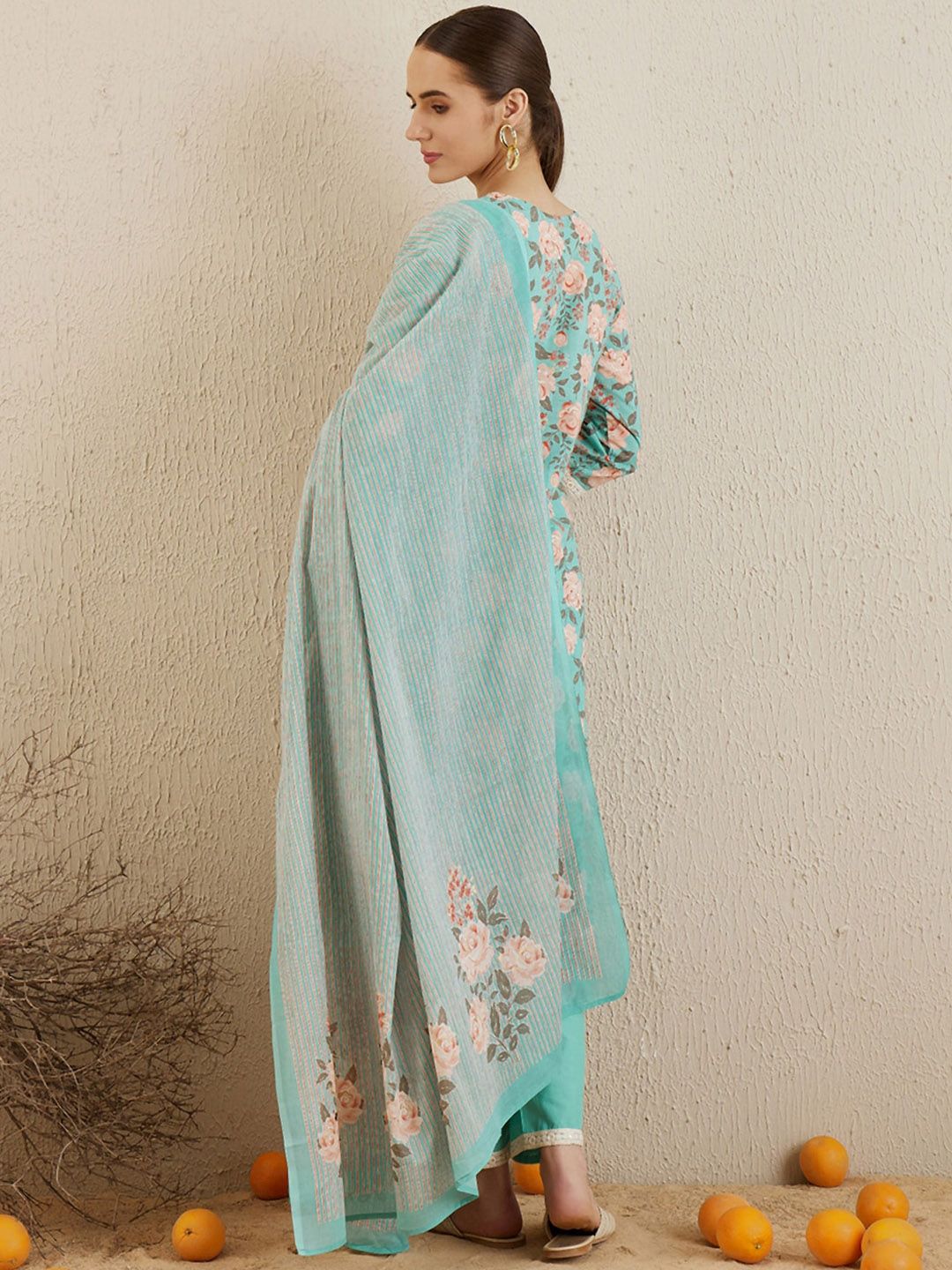 Dhiyona IE V Neck Floral Printed Mirror Work Pure Cotton Kurta with Trouser & Dupatta