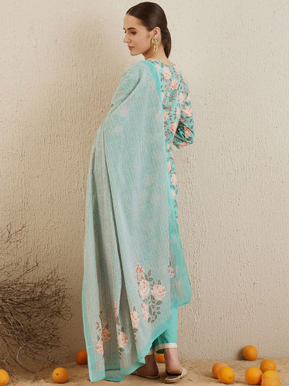 Dhiyona IE V Neck Floral Printed Mirror Work Pure Cotton Kurta with Trouser & Dupatta