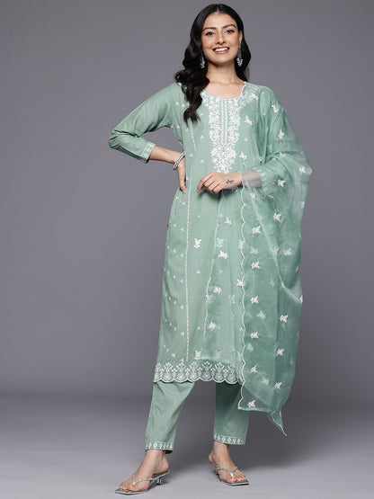 Dhiyona VA Women'sFloral Embroidered Panelled Thread Work Pure Cotton Kurta With Trousers & Dupatta