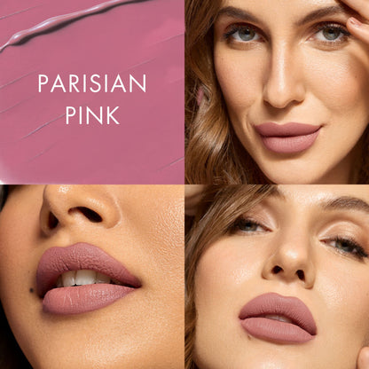 HYUE HydraMatte liquid lipstick in Parisian Pink, showcasing vibrant pink shade in sleek tube with applicator.