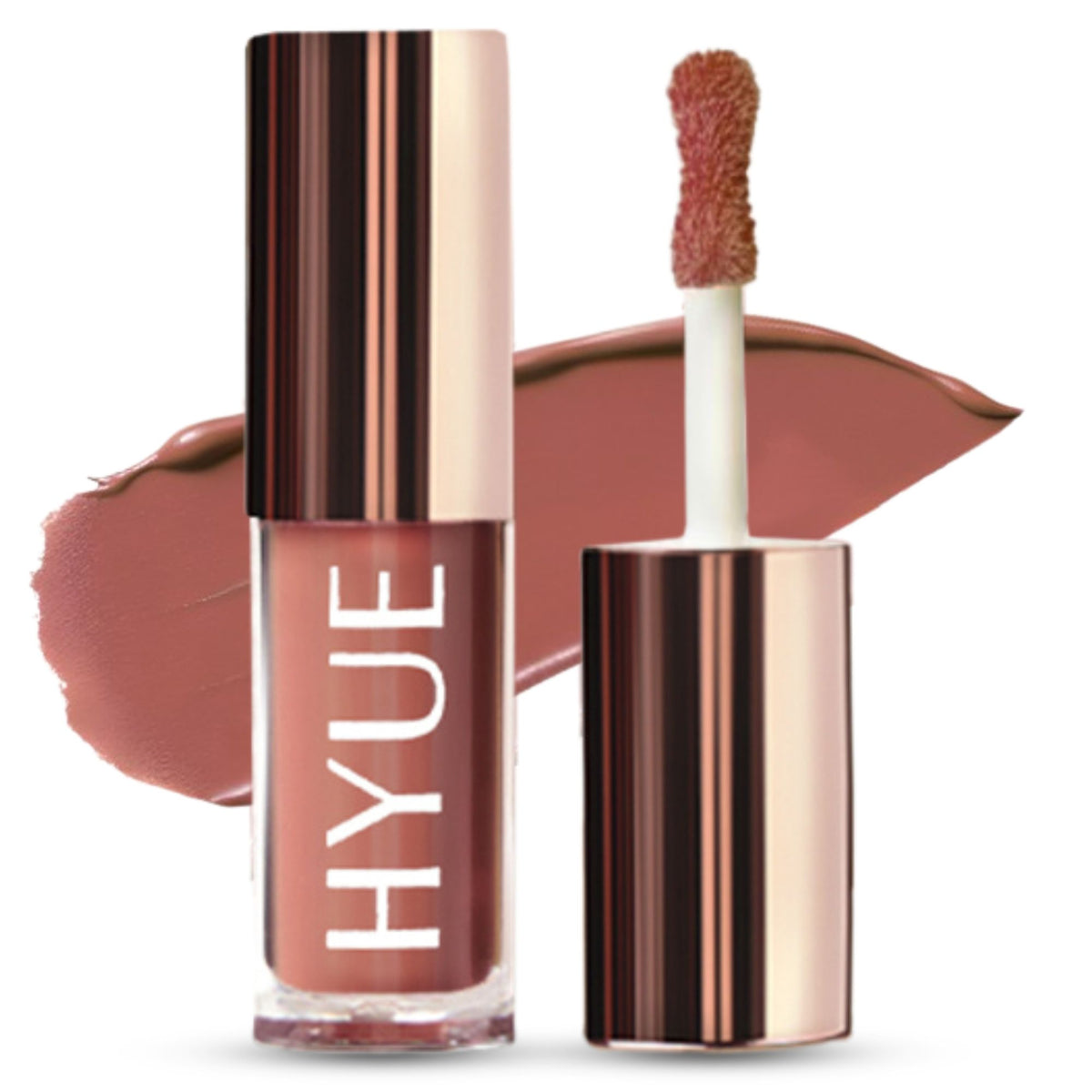 HYUE HydraMatte Liquid Lipstick in Biscotti Hottie, showing a smooth, nude matte finish in a sleek tube.