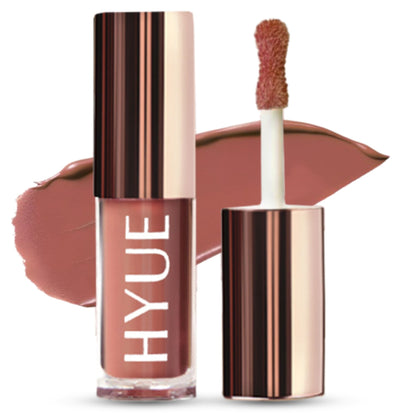 HYUE HydraMatte Liquid Lipstick in Biscotti Hottie, showing a smooth, nude matte finish in a sleek tube.