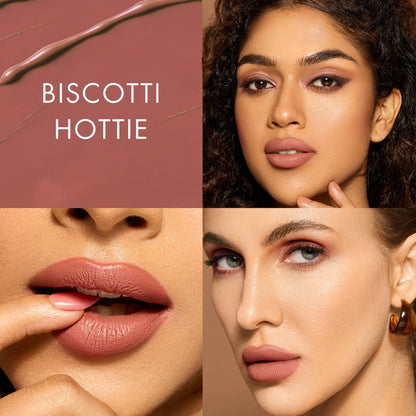 HYUE HydraMatte Liquid Lipstick in Biscotti Hottie with a smooth, matte finish and neutral beige shade.