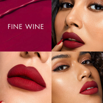 HYUE HydraMatte liquid lipstick in Fine Wine shade, featuring rich burgundy color and sleek applicator.