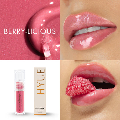 HYUE Hydra Plump Lip Plumper in Berrylicious shade, showing the glossy, tinted lip product with a smooth texture and vibrant color.