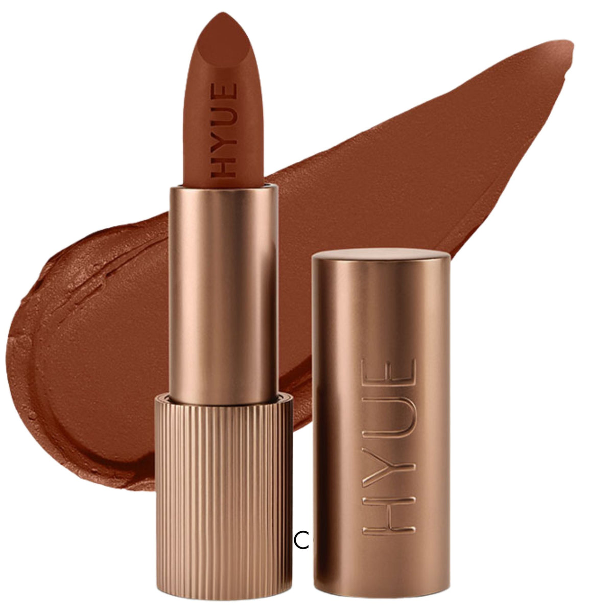 HYUE Velvet Kiss Matte Lipstick in Coco Couture, showing a smooth, rich lipstick shade in a sleek tube.