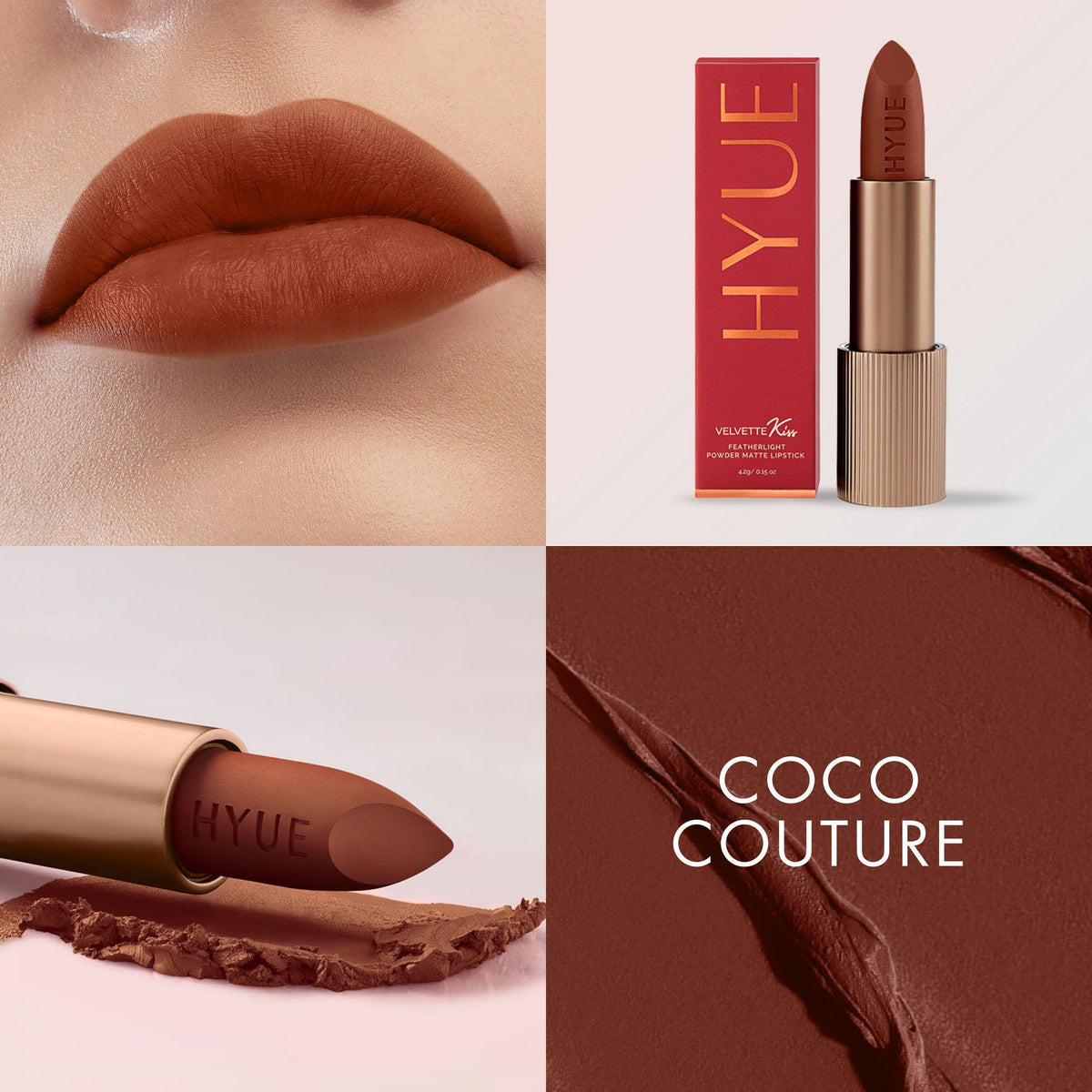 HYUE Velvet Kiss Matte Lipstick in Coco Couture, featuring a sleek tube with the rich, velvety lipstick inside.