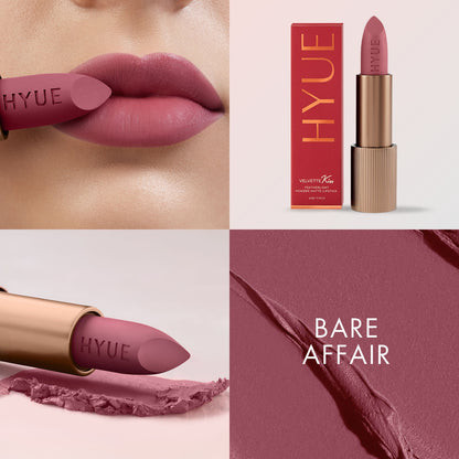 HYUE Velvet Kiss Matte Lipstick in Bare Affair, featuring a smooth, velvety texture and natural nude shade for elegant lips.