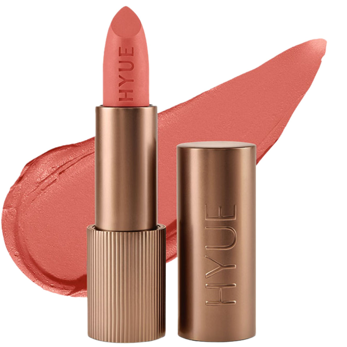 HYUE Velvet Kiss Matte Lipstick in Peach Please, showcasing the soft peach shade and sleek packaging of the HYUE brand.