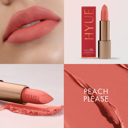 HYUE Velvet Kiss Matte Lipstick in Peach Please, showing the smooth peach-colored lipstick in a sleek tube.
