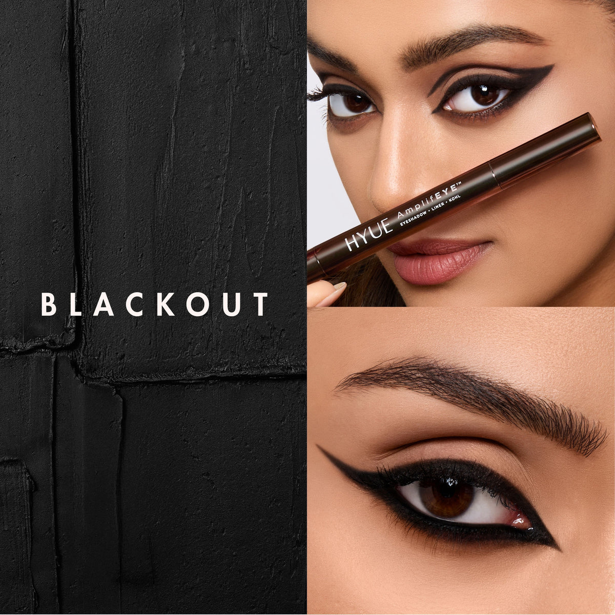 HYUE AmplifEYE 3-in-1 eye crayon with black eyeliner, eyeshadow, and kohl in black for versatile eye makeup application.