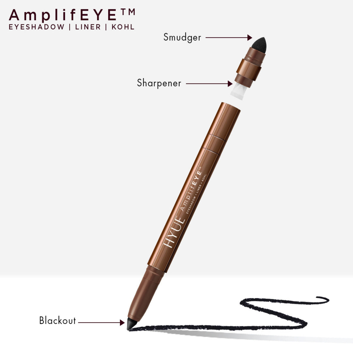 HYUE AmplifEYE 3-in-1 eye crayon with black eyeliner, eyeshadow, and kohl for versatile eye makeup application.
