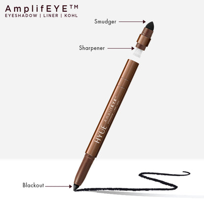HYUE AmplifEYE 3-in-1 eye crayon with black eyeliner, eyeshadow, and kohl for versatile eye makeup application.