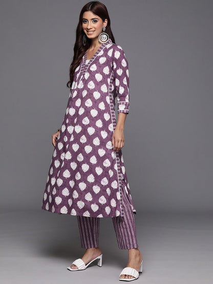 Indyancart VA Women'sFloral Printed Sequinned Pure Cotton Kurta with Trousers & Dupatta