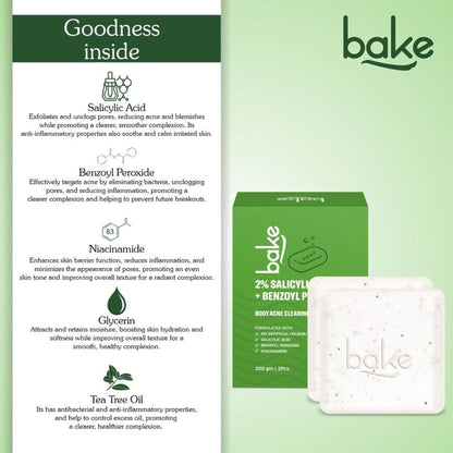 BAKE 2% Salicylic Acid + Benzoyl Peroxide Scrub Treatment Soap (Pack of 2) for Body & Back Acne
