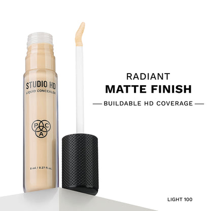 PAC Studio HD Liquid Concealer - Radiant Matte Finish, Long Wearing Buildable Coverage - HD LIGHT 100