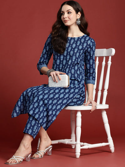 Indyancart IE Ethnic Motifs Printed Pure Cotton Kurta with Trousers