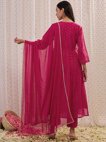 Indyancart IE Floral Embroidered A-Line Kurta with Trousers & Dupatta