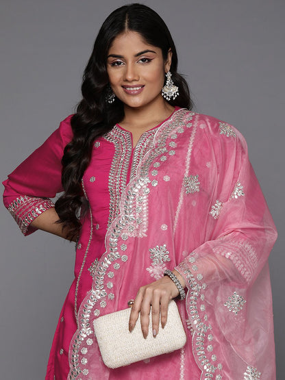Indyancart Women's Plus Size Ethnic Motifs Embroidered Gotta Patti Kurta with Trousers & Dupatta