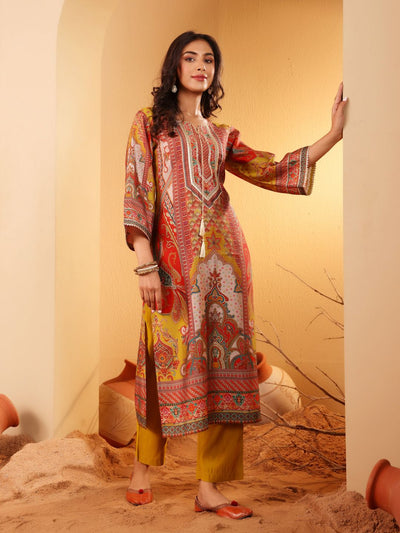 Indyancart VA Women'sEthnic Motifs Embroidered Gotta Patti Notch Neck Chanderi Silk Kurta With Trousers