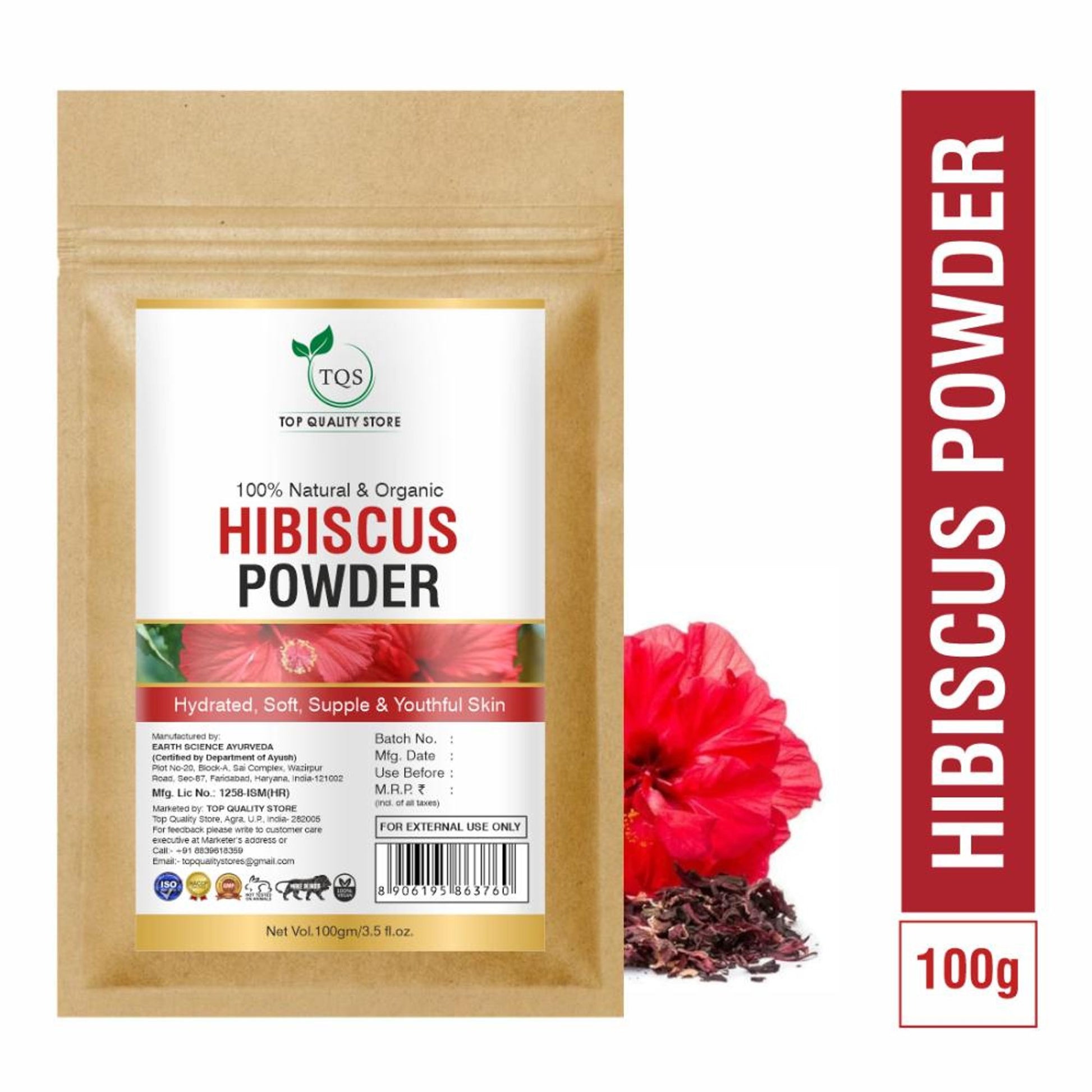 TQS 100% Organic Hibiscus Flower Powder, Exfoliates Dead Skin Cells, Prevents Early Greys