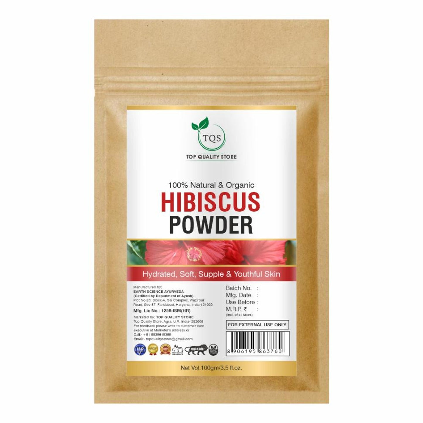TQS 100% Organic Hibiscus Flower Powder, Exfoliates Dead Skin Cells, Prevents Early Greys