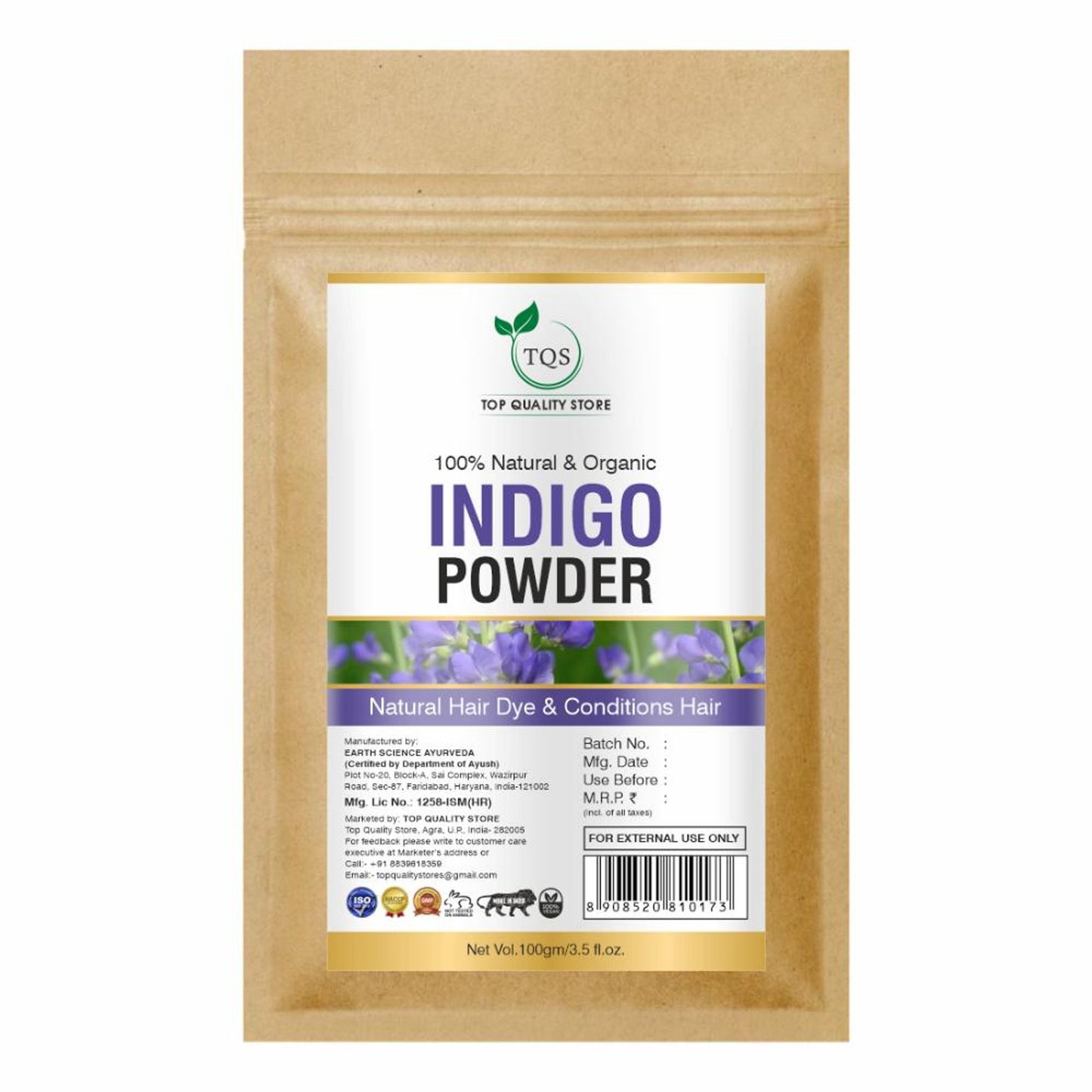 TQS Organic Indigo Powder For Natural Hair Coloring- 100% Organic, Prevents Premature Graying