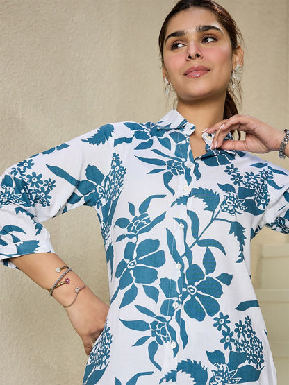 Floral Printed Shirt Collar Kurta With Trousers