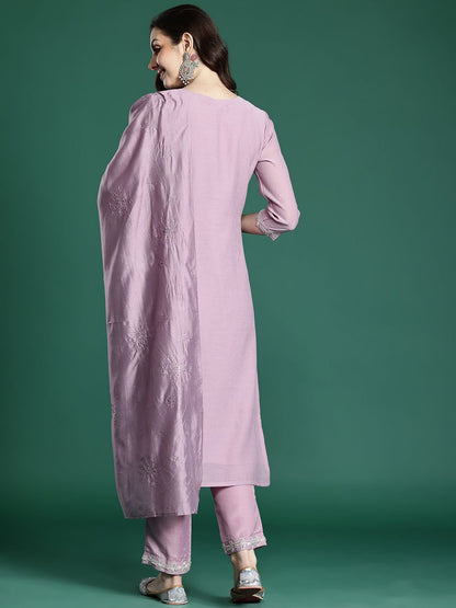 Floral Embroidered Kurta with Trousers & Dupatta