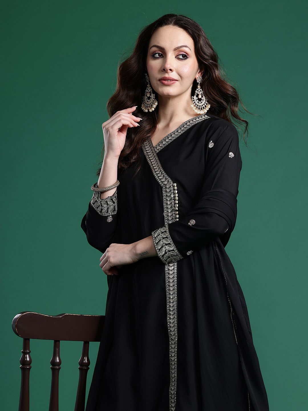 Ethnic Motifs Embroidered Angrakha Kurta with Trousers & Dupatta