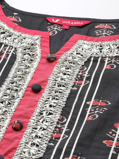 Indyancart VA Women's Grey Ethnic Motifs Printed Kurta with Sharara