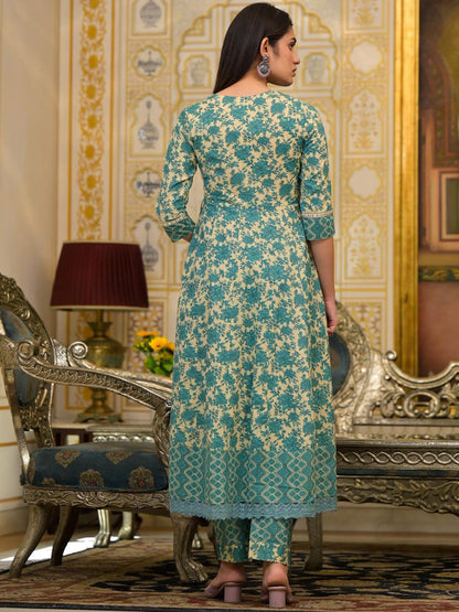 Indyancart VA Women'sEthnic Motifs Printed Mirror Work Pure Cotton Kurta with Trousers & Dupatta