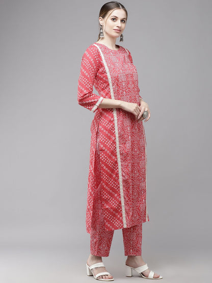Indyancart IE Women Pink Bandhani Printed Regular Pure Cotton Kurta with Palazzos
