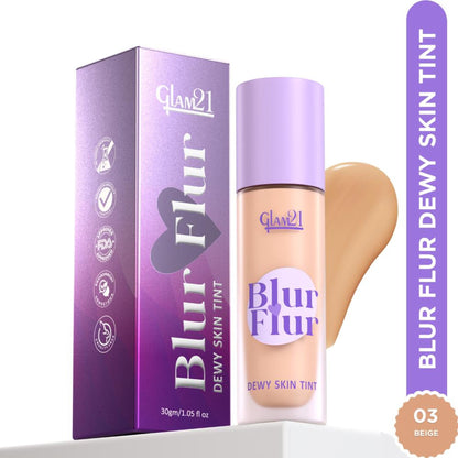 GLAM21 Blur Flur Skin Tint Foundation in shade 03 Beige, close-up of the lightweight liquid foundation with smooth texture.