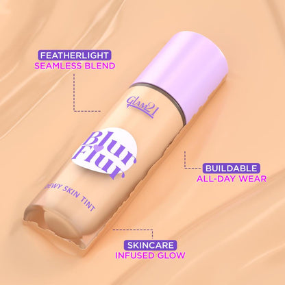 GLAM21 Blur Flur Skin Tint Foundation in shade 03 Beige, close-up of the smooth liquid foundation in a sleek bottle.